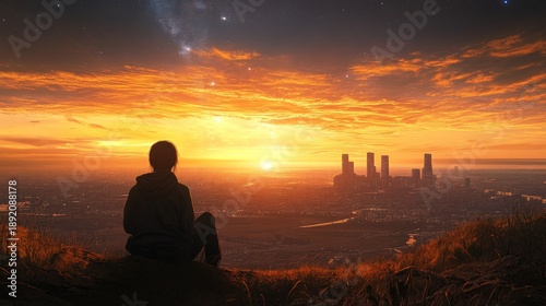 A lone figure sits on a hilltop overlooking a city skyline at sunset, gazing at the beautiful sky.