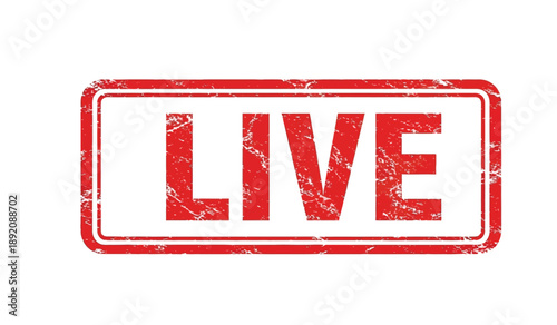 A distressed red live stamp on a indicating something is happening now in real time