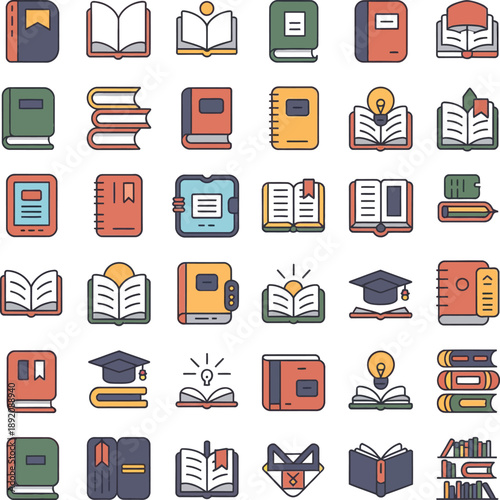 Book and library UI icons for reading apps and digital bookshelf platforms