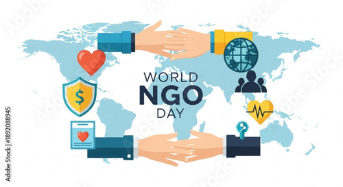 World ngo day illustration with hands shaking around a globe and icons on a world map background