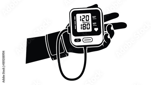 Hand Operating Digital Blood Pressure Monitor Vector Illustration for Home Health Device Packaging Clinical Procurement and Monitoring Services