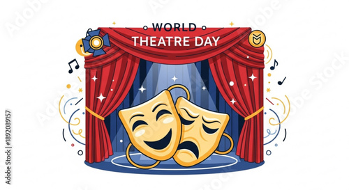 Theatre day celebration with comedy and tragedy masks on stage with red curtains
