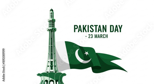 Pakistan day celebration with flag and minar e pakistan monument on white background