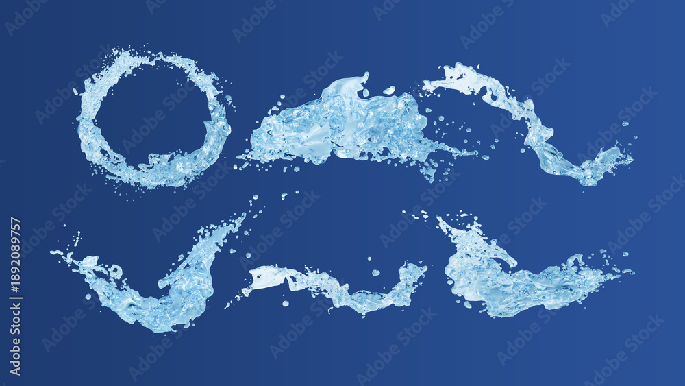Fototapeta premium Water splash set, 5 liquid wave shapes, blue dynamic effect 
