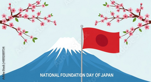 Japanese flag waving on mount fuji with cherry blossoms on national foundation day