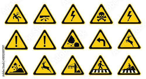 A collection of bright yellow triangular warning signs depicting various hazards and potential dangers high quality professional detailed