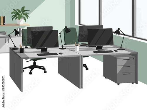 Modern office workstation with two desks and computers