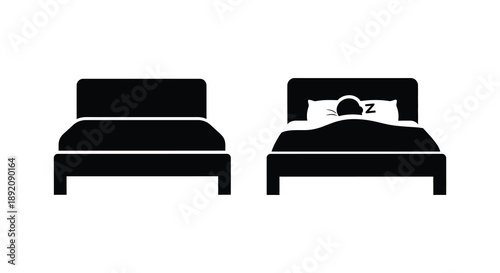 A simple graphic depicts two beds one empty and the other occupied by a sleeping figure with zzz s