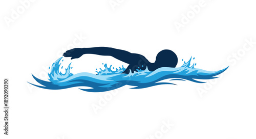A stylized illustration depicts a swimmer in motion cutting through dynamic bright blue water splashes high quality professional