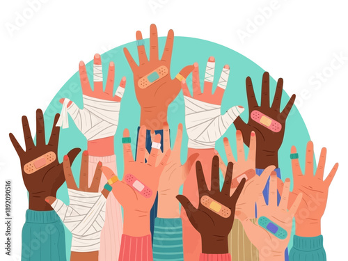 Diverse hands with bandages and casts on a green background