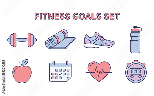 Fitness goals set with dumbbell, yoga mat, shoe, and healthy habits