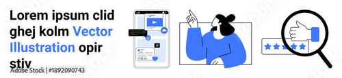 User experience, mobile app design, customer feedback, online reviews, digital interaction, UX analysis. Mobile screen with app interface, person gesturing, magnifying glass with thumbs-up rating