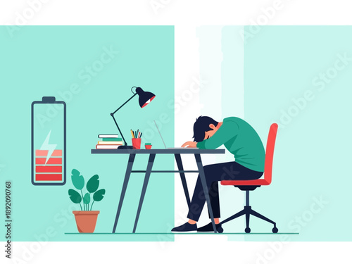 An exhausted student sitting at a desk with a low battery sign on the wall in a modern study space