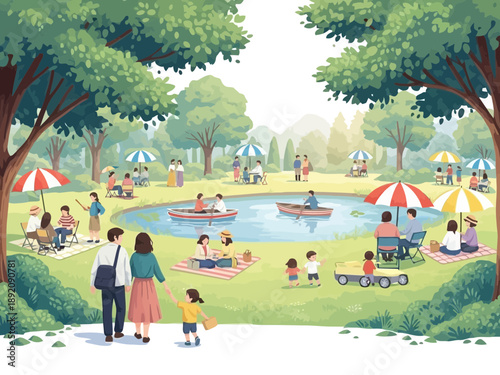 A family walking towards a park with people picnicking and playing on a sunny day with trees and umbrellas