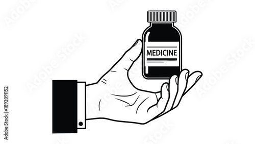 Hand Presenting Medicine Bottle Vector Illustration for Pharmaceutical Packaging Marketing and Procurement Catalogs