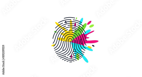 Colorful Fingerprint with Paint Splatter Isolated on White Background