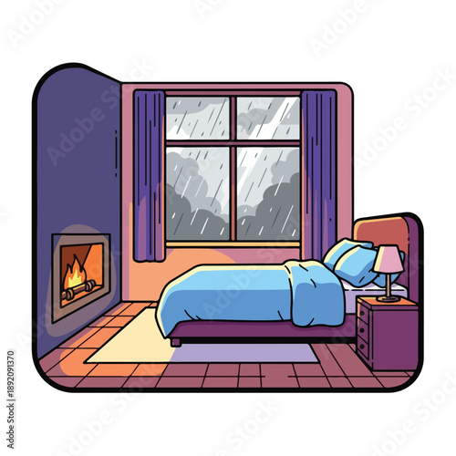 A cozy bedroom with a lit fireplace on a rainy day