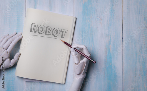 Robot Hands Planning and Sketching on Wooden Desk with Stationery Tools