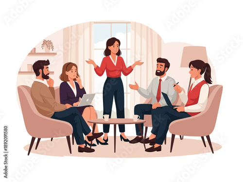 Psychologist talking to group of people in modern living room setting with