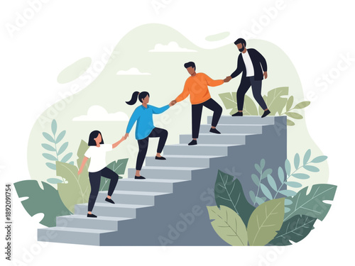 A group of people helping each other up the stairs
