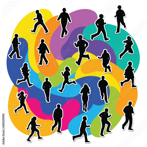 A colorful illustration of people running