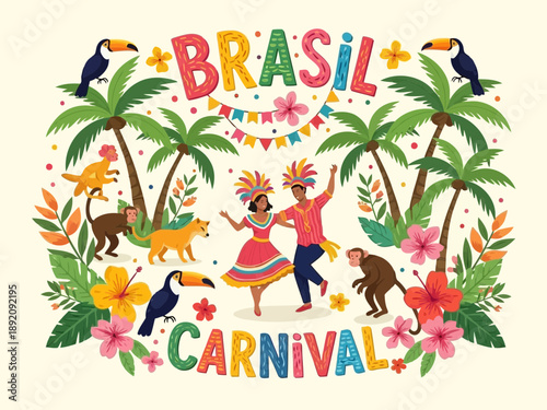 Vibrant brasil carnival illustration with dancing couple and tropical animals