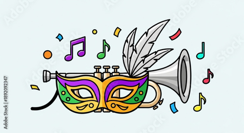 Colorful Carnival Mask with Feather and Horn Illustration on White Background