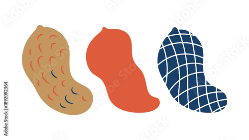 A colorful illustration of three peanuts in different styles and colors