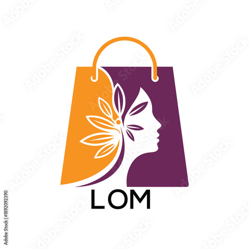 LOM Elegant Beauty Shopping Bag. LOM Logo Design with Female Face and Leaf. LOM Best Icon.
