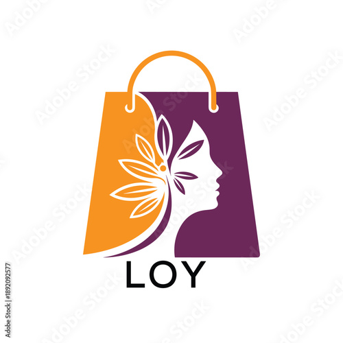 LOY Elegant Beauty Shopping Bag. LOY Logo Design with Female Face and Leaf. LOY Best Icon.
