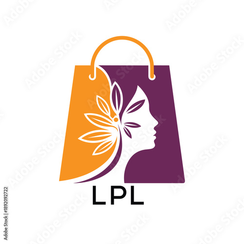 LPL Elegant Beauty Shopping Bag. LPL Logo Design with Female Face and Leaf. LPL Best Icon.

