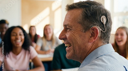 Cochlear Implant: Side profile portrait of a male teacher wearing a cochlear implant, laughing with students in the background, soft depth of field.