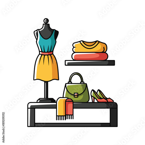 A colorful clothing display with accessories