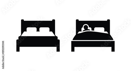 A minimalist depiction showcases two beds in black silhouettes one empty and the other occupied by a person