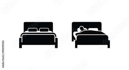 A minimalist black and white illustration depicts two beds one made and one with a person sleeping in it