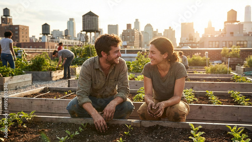 Young Couple Gardening Together on Urban Rooftop Garden at Sunset