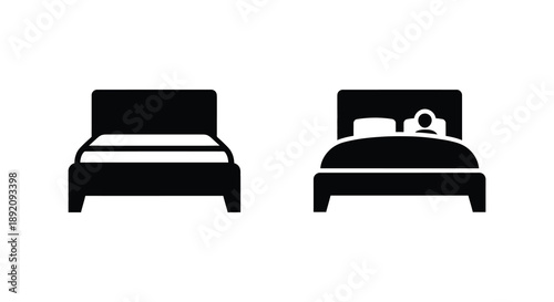 A simple black and white illustration depicts two beds one empty and one with a person sleeping within