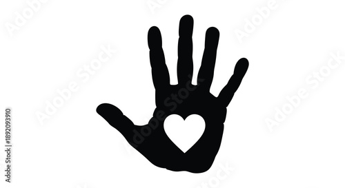 A striking black silhouette of a hand features a white heart shaped cutout in the palm high quality professional
