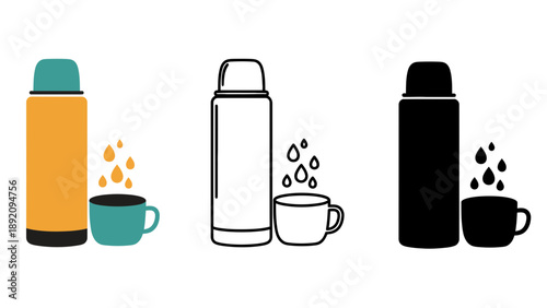 A set of thermoses and coffee cups in different colors and styles