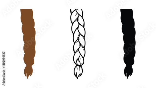 A colorful illustration of three braids in different colors and styles