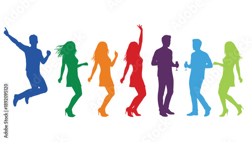 A group of colorful silhouettes dancing together in a joyful celebration