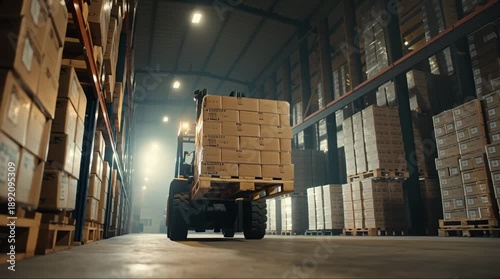 Forklift Moving Pallets in a Dimly Lit Warehouse with Stacks of Boxes.