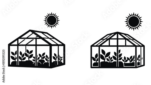 Two greenhouses with plants growing inside under sunny conditions
