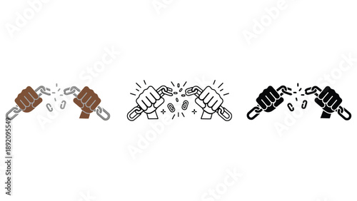 Three fists breaking free from chains in different colors and styles