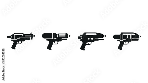 A collection of colorful water guns and black toy pistols on a white background