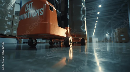 Low Angle View of Pallet Jack Moving Goods in a Large Industrial Warehouse.