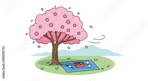 Pink Cherry Blossom Tree with Falling Petals and Blue Tablet on Grassy Hill