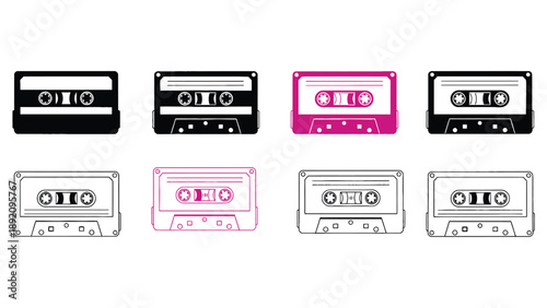 A collection of black and white cassette tapes on a plain background
