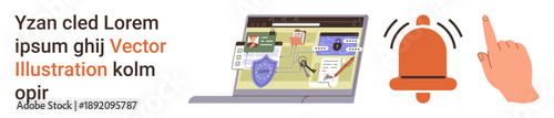 Cybersecurity, online protection, data privacy, digital alerts, computer safety, internet security. Laptop screen with security icons, a notification bell and a hand gesture. Cybersecurity