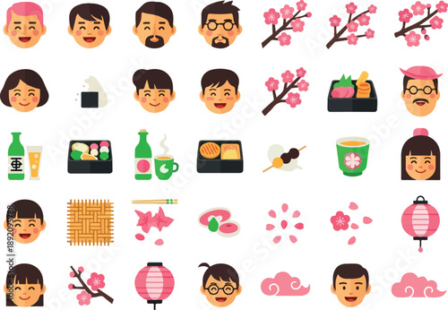 A delightful collection of Japanese culture icons including food, drinks, and traditional symbols